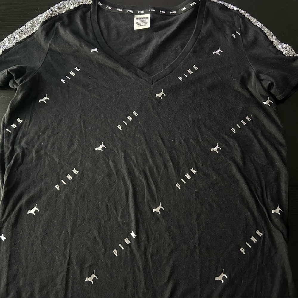 PINK Victoria's Secret Black Tee with Silver Sequin Accents